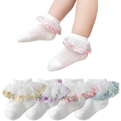 Baby Girls Lace Socks with Embroidered Flowers,Ruffle Princess Frilly Cotton Dress Ankle Socks for Infants & Toddlers