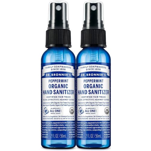 Dr. Bronner's - Organic Hand Sanitizer Spray (Peppermint, 2 Ounce, 2-Pack) - Simple & Effective Formula, Cleanses & Sanitizes, No Harsh Chemicals, Moisturizes & Cleans Hands