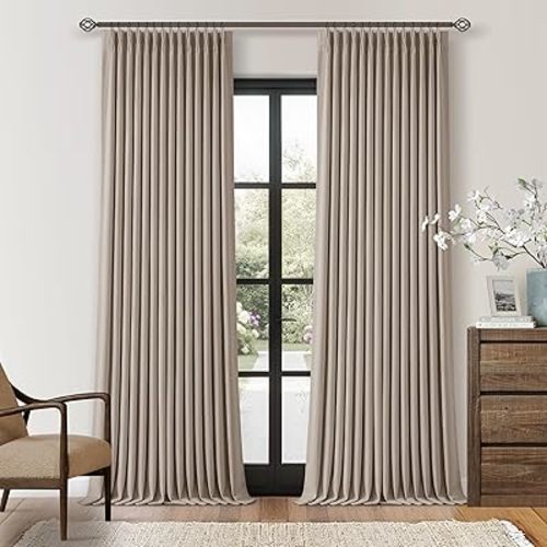 Burlywood Birch Linen Pinch Pleated Blackout Curtains 84 Inches Long for Bedroom Living Room Darkening 100% Black Out Pinch Pleat Drapes with Liner Farmhouse Neutral 84 Inch Curtain for Dining Room