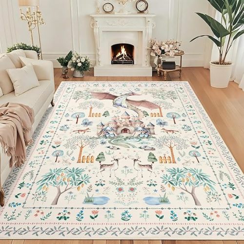 nesrt 6x9 Washable Area Rugs for Living Room Beige Non Slip, Soft Botanical Dragon Bedroom Rugs, Thin Animal Print Forest Dining Room Floor Carpets for Kids Nursey Playroom Farmhouse Home Office Decor