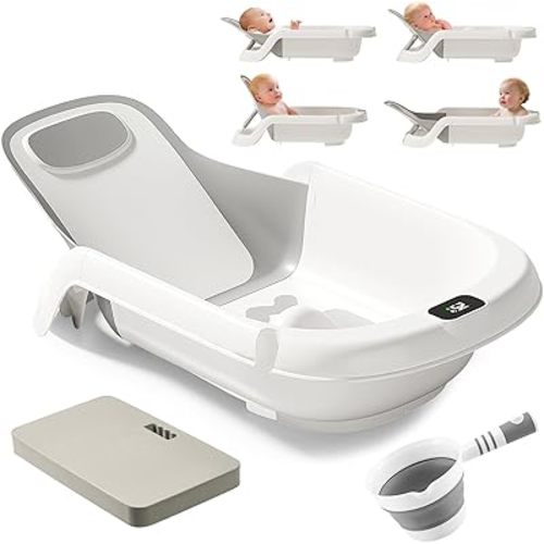 Reclining Baby Bathtub for Newborn, Angle Adjustable Baby Tub for Infant to Toddler, Bath Support in Tub, Thermometer & Bath Kneeler Rest Pad & Clean Rinse Cup, 6-36 Months-Gray