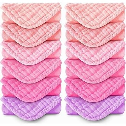 MOON PARK Baby Washcloths, 12 Pack - 12x12 Inches, Small Burp Cloths and Baby Wipes - 100% Cotton Muslin Ultra Soft for Newborn, Infant and Toddlers - Pink, Purple and Sakura Series