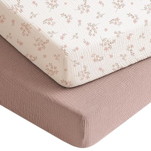 Konssy Muslin Crib Sheets for Boys, Soft Cotton Neutral Baby Sheets for Standard Crib Mattress 2 Pack, 52"x28" (Soft Blooms,Taupe)