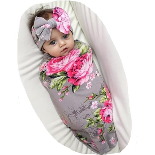 Galabloomer Newborn Receiving Blanket Headband Set Baby Flower Rose Swaddle with Big Bow (Gray)