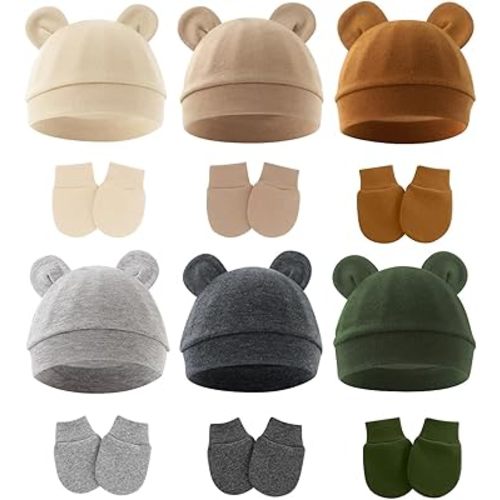 Cotton Baby Hats and Mittens Set Unisex, Toddler No Scratch Mittens and Beanie Cap Infant Newborn Hospital Hat