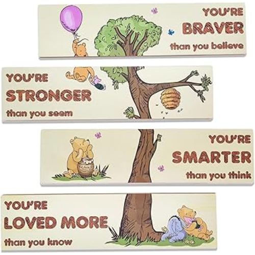 Winnie Bear Baby Shower Decorations, 4-Panel Wooden Nursery Decor Room Inspirational Wall Art, Motivational Quote Signs