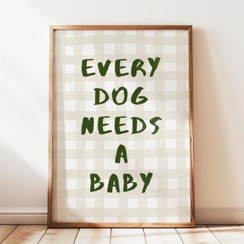 Every Dog Needs A Baby Print, Baby Announcement, Neutral Watercolor Gingham Nursery Decor, Dog Wall Art, Baby Reveal Poster Digital Download