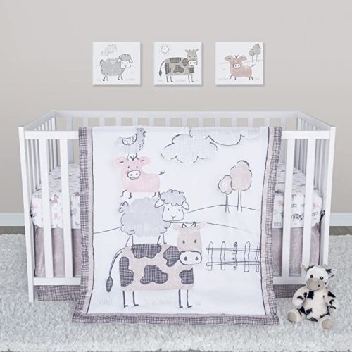 Sammy & Lou Cottage Farm 4-Piece Baby Crib Bedding Set, Includes Quilt, Fitted Crib Sheets Neutral, Crib Skirt, and Plush Toy