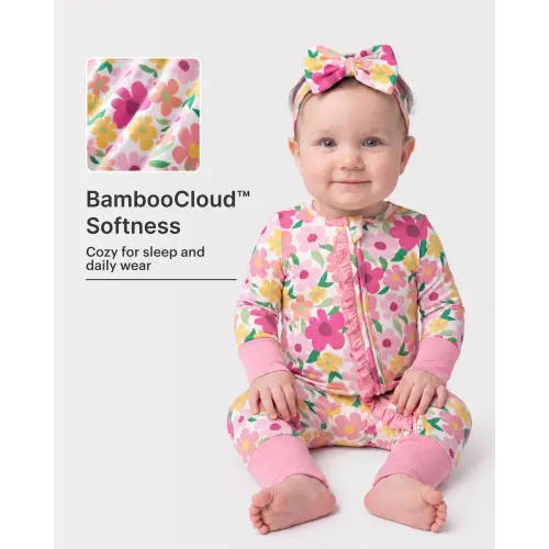 Bamboo Baby Boy/Girl Animal Printed 2-Way Zipper Anti Slip Long-sleeve Footie with/without Hairband Dark Pink