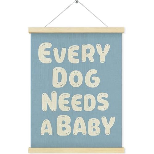 QEJ Every Dog Needs a Baby Wall Art Decor, Baby Shower Reveal Decor Canvas Poster Hanger Frame, Pregnancy Announcement Wall Decorations for Newborn Room Bedroom Playroom Decor, 12x16 Inch(Blue)