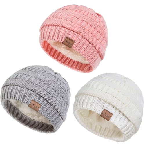 Alepo 3 Pack Baby Beanie Hats for Girls Boys, Soft Warm Fleece Lined Baby Winter Hat for Newborn Infant Toddler Kids