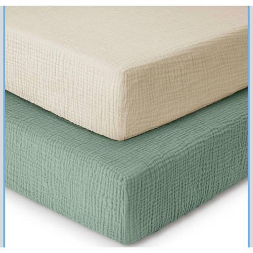 Yoofoss Muslin Crib Sheets for Boys Girls 100% Cotton Fitted Baby Crib Sheet 2 Pack Soft and Breathable for Standard Crib Mattress & Toddler Mattress 52"x28" Apricot&Green