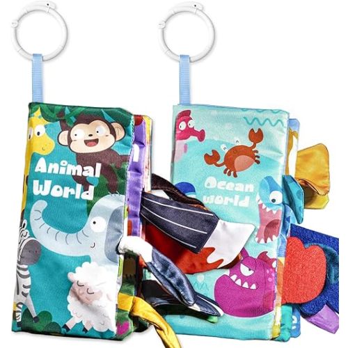 Soft Book Toys for Babies 0-18 Months, 2PCS Crinkle Cloth Books – Animals and Ocean Themes, Tails Sensory Book with Rings for Hang, Montessori Early Learning Infant Toy for 0-6-12-18 Month