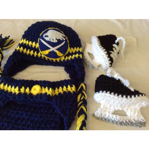 Buffalo Sabres. Baby Crochet Hockey Earflap Hat, Diaper Cover, and Skate Booties . FREE SHIPPING