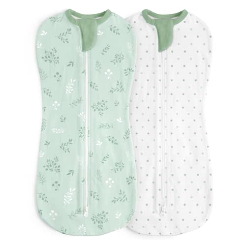 Baby Swaddle 0-2 Months, Cotton Arm-In Zipper Sleep Sack, Wearable Blankets Wrap for Newborn Infant Girls, Boys (Green Leaves, Polka Dots, Pack of 2)