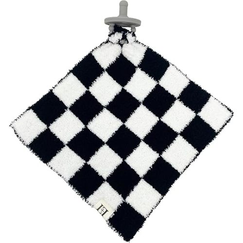 Checkered Baby Lovey Pacifier/Teether Holder 10"x10" - DreamSoft Plush Fluffy Cuddly Soothie Reversible Mini Comfort Blanket - Cute Newborn Gift Essential for Babies Boys and Girls (Black/White)
