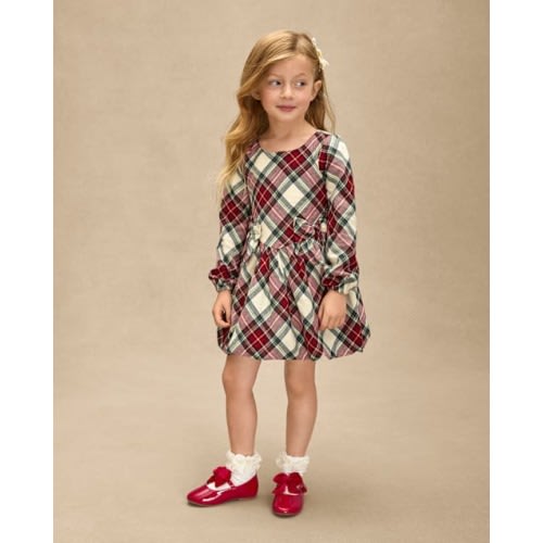 Girls Plaid Bow Flannel Bubble Dress - Royal Christmas - Red