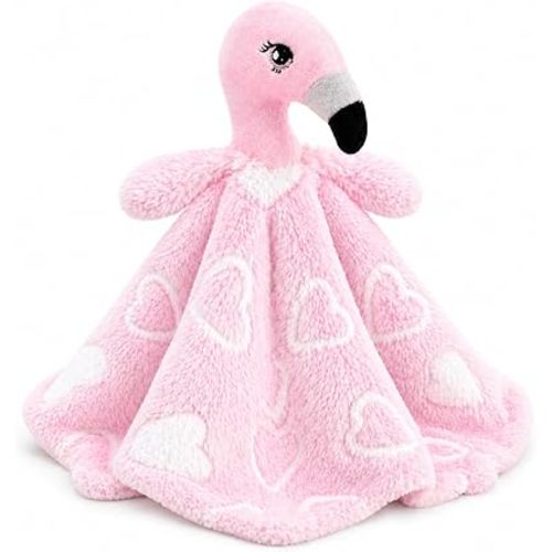 June Garden Cozy Dream Fleece Baby Security Blanket - Infants Nursery Bed Blankets - 15 x 15 inches Lovey - Stuffed Flamingo Animal Plush - Pink