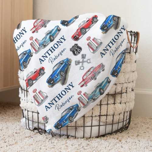Custom Vintage Car Nursery Baby Name Blanket, Personalized Sports Car Swaddle Baby Shower Gift, New Mom Hospital Blanket, Newborn Gift