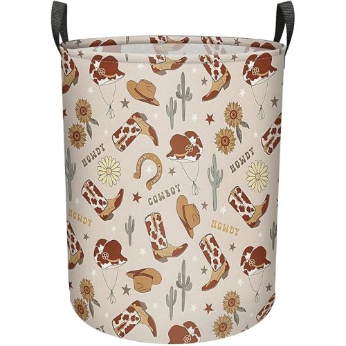 Western Cowboy Cactus Laundry Basket for Boy, Large Canvas Collapsible Organizer Storage Laundry Hamper Basket for Nursery,Office,Toy Organizer,Home,Decor - 19.7" X 15.7 "
