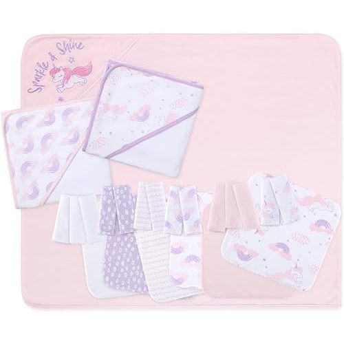 The Peanutshell Baby Bath Towel & Wash Cloth Set in Pink/Purple/White, 23 Pieces, Unicorn & Rainbow