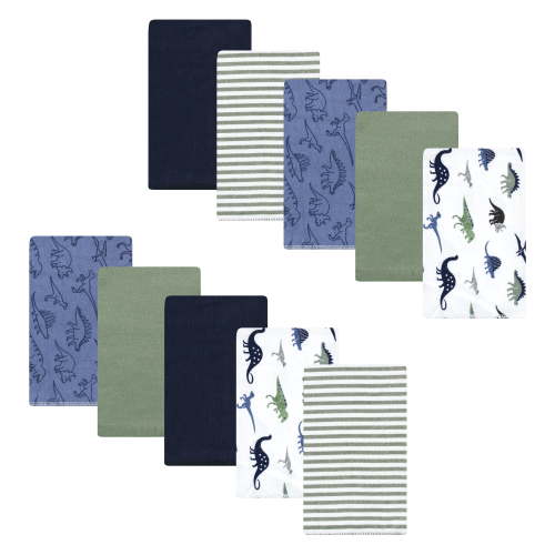 Luvable Friends Hudson Baby Cotton Poly Flannel Burp Cloths 10pk, Blue Green Dinosaurs, One Size