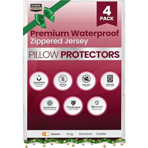 Utopia Bedding Set of 4 Waterproof Pillow Protectors with Zipper Queen Size (White), Ultra Soft Pillow Covers, Bed Bug and Dust Mite Proof Pillow Encasements, Moisture Wicking Pillow Cases