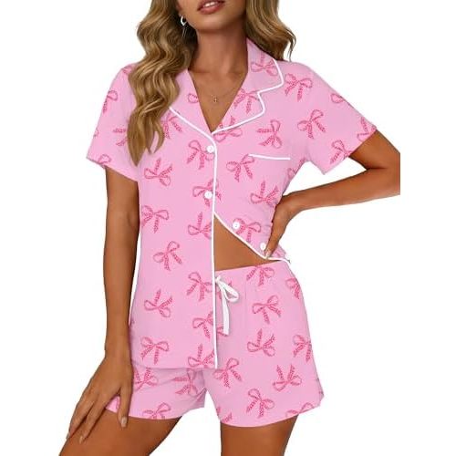 Womens Button Down Pajamas Set Short Sleeve Sleepwear Bride Pjs Soft 2 Piece Lounge Shorts Set XS-XXL