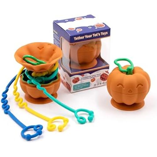 Suction Cup Toys Holder for High Chair, Stroller and Teething Toys for Babies and Toddlers. Holds 3 Toys from Falling. Perfect for Restaurant and Travel. Cute Pumpkin Design, Orange