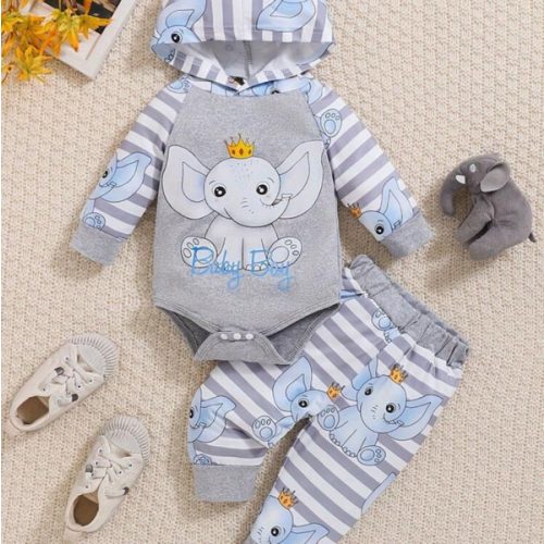 Baby Boy Autumn And Winter Casual Cute Elephant Print Hooded Long-Sleeved Bodysuit+ Trousers