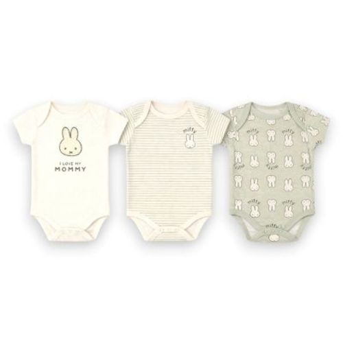 Miffy Baby Girls' 3-Pack Short Sleeve Soft Cotton Blend Bodysuit Set, Cream/Sage Mommy, 3 Months
