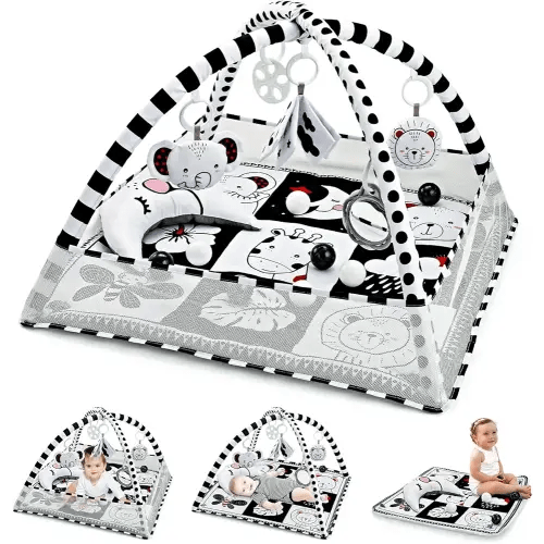 Tummy Time Mat 8-in-1, Play Gyms for 0-6 Months Black and White Baby Play Mat Activity Gym with Sensory Toys and Pillow High Contrast Newborn Play Mat for Newborn Babies