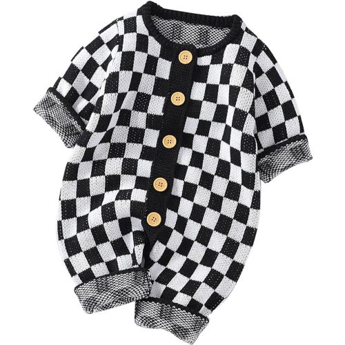 Unisex Baby Girl Boy Knitted Romper Jumpsuit Checkerboard Plaid One Piece Button Down Sweater Playsuit Clothes