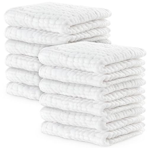 Comfy Cubs Muslin Baby Washcloths 10 Pack - Soft 6-Layer Cotton Wash Cloths for Sensitive Skin - 10"x10" Large, Gentle, Absorbent Infant Essentials for Newborn and Toddlers - White