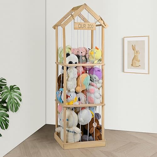 Stuffed Animal Storage Stuffed Animal Zoo Wood Soft Toy Organizer Plush Toy Holder Nursery Room Organizer Zoo Cage Stuffed Animal Holder with Zoo Pattern Gift for Nursery Playroom