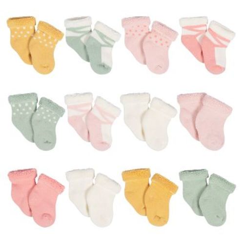 Gerber Baby Girls' 12-Pack Terry Wiggle Proof® Socks Golden Floral - 0-3 Months