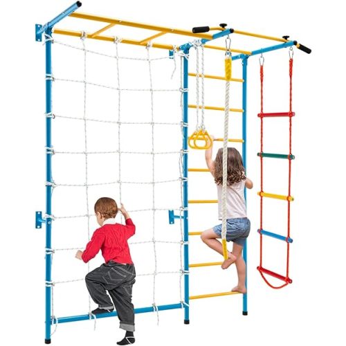 HONEY JOY Climbing Toys for Toddlers, Upgrade Metal Indoor Kids Gym for Exercise, Playground and Climbing Wall Set with Rope Ladder, Pull-up Bar, Monkey Bars, Gymnastic Rings (7 in 1)