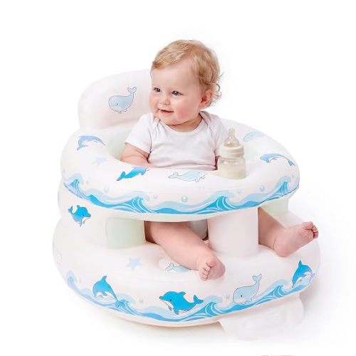 Inflatable Baby Seat for Babies 3-36 Months,Baby Floor Chair with Built in Air Pump,Infant Back Support Seat for Sitting & Learning to Sit (Blue Dolphin)