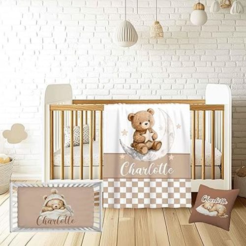 Personalized Baby Crib Bedding Set – Custom Name 3 Pcs Nursery Set with Soft Blanket, Fitted Crib Sheet & Pillowcase – Cute Bear Bedding for Newborn Infant Toddler, Shower Gift for Baby, Room Decor