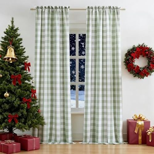 Semi Sheer Sage Green Buffalo Plaid Curtains 90 Inches Long