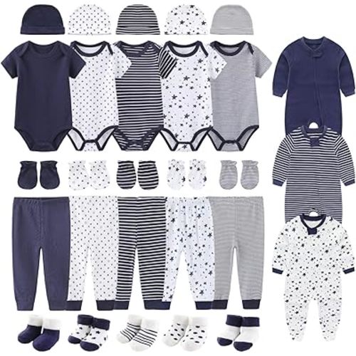 28 Pack Unisex Baby Layette Set Boy Girl Pants+Rompers+Short Sleeve Bodysuits+Hats+Gloves+Socks New Born Outfit