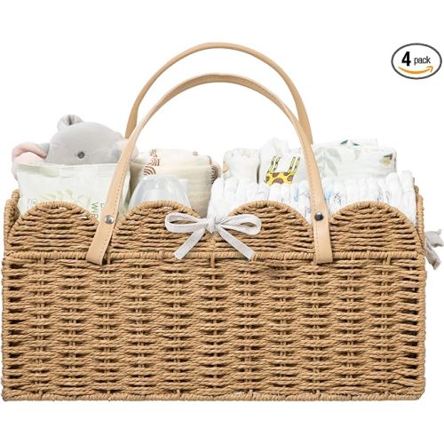 HBlife Large Baby Diaper Caddy, Paper Rope Scalloped Storage Baskets Nursery Bin with Removable Divider, Portable Car Organizer for Diapers, Baby Shower Gifts, Newborn Essentials Must Haves, Brown