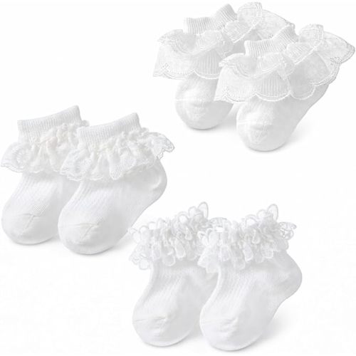 3 Pairs Baby Girl Ruffle Socks, White Double Lace Frilly Socks Cotton Dress Ankle Socks for Newborn Infant Toddler