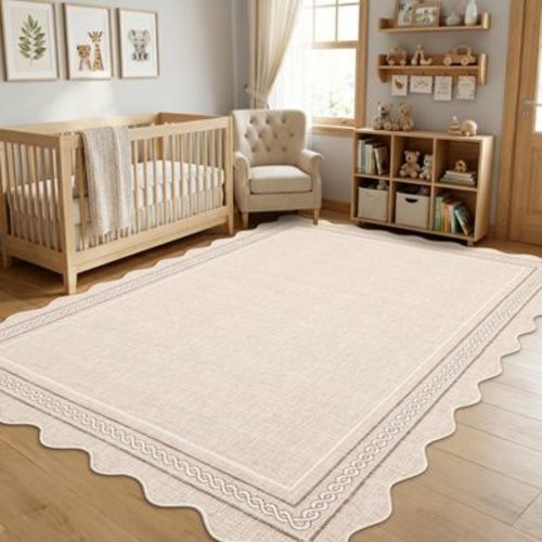 Scalloped Washable Solid Beige Rug - 5x7 Non Slip Low Pile Carpet for Living Room, Bedroom, Playroom, Nursery