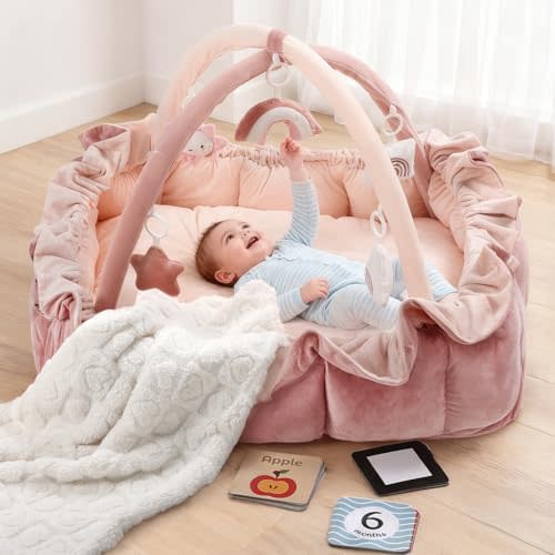 5-in-1 Convertible Baby Play Gym, Baby Play Mats for Floor, Tummy Time Mat with Blanket and 6 Sensory Toys, Baby Activity Center from Newborn to Toddler, Ball Pit, Plush Pet Mat(Pink)