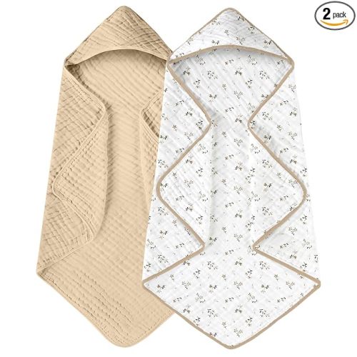 Yoofoss Hooded Baby Towels for Newborn 2 Pack 100% Muslin Organic Cotton Baby Bath Towel with Hood for Babies, Infant, Toddler and Kids, 32x32Inch, Soft and Absorbent Newborn Essential, Beige Floral