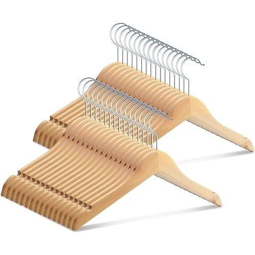 Pinkunn 50 Pcs Wooden Hangers for Baby Kids Wood Hangers Solid Baby Children's Coat with Pants Bar Shoulder Notches Anti Rust Swivel Hooks 12.6 Inch
