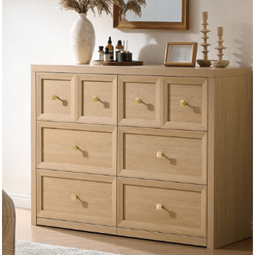 6 Drawers Dresser for Bedroom-46.5" Wide Wooden Chest of Drawers with Large Storage, Long Dresser TV Stand with Drawers, Farmhouse Closet Dressers for Living Room Bedroom, Natural