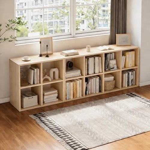 DYRABREST Solid Wood 12-Cube Organizer Shelf, 70.8" L×11.8" W×23.6" H Bookcase, Multi-Purpose Deep Shelves for Books Toys Decor, Modern Floor Standing Bookshelf for Living Room, Bedroom, Office