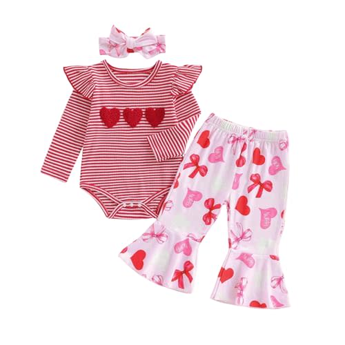 Douhoow Fall Baby Girl Clothes Crochet Flower Embroidery Baby Girl Romper Flared Pants Headband Infant Girl Festival Outfits